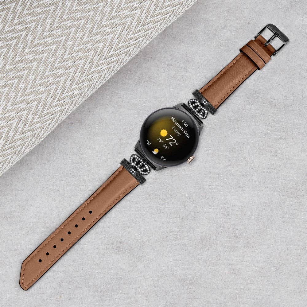 Google Pixel Watch 4 / 3 / 2 / 1 (41mm) Læder Rem m. Sort Rhinsten Spænde - Brun