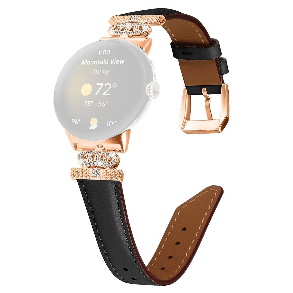 Google Pixel Watch 1 / 2 / 3 (41mm) Læder Rem m. Rose Gold Rhinsten Spænde - Sort
