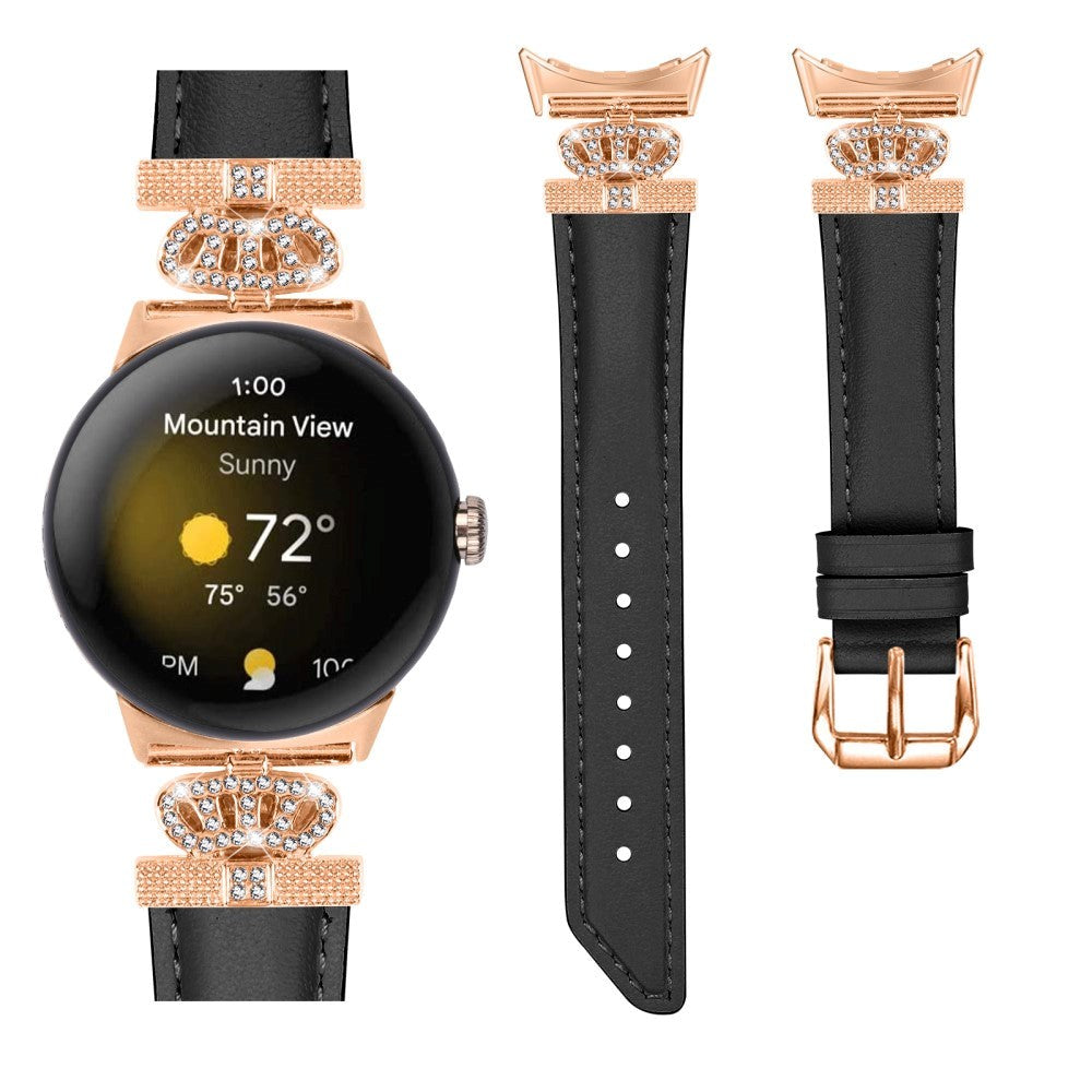 Google Pixel Watch 1 / 2 / 3 (41mm) Læder Rem m. Rose Gold Rhinsten Spænde - Sort