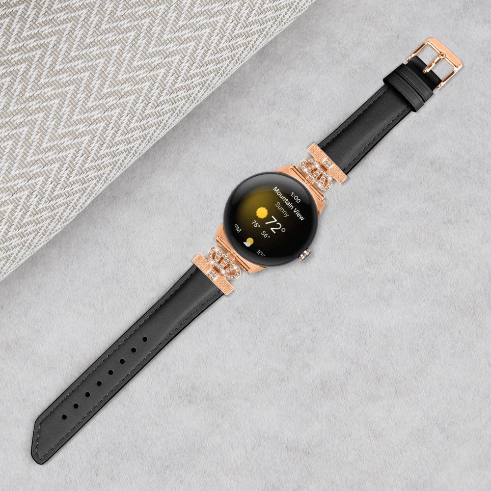 Google Pixel Watch 1 / 2 / 3 (41mm) Læder Rem m. Rose Gold Rhinsten Spænde - Sort