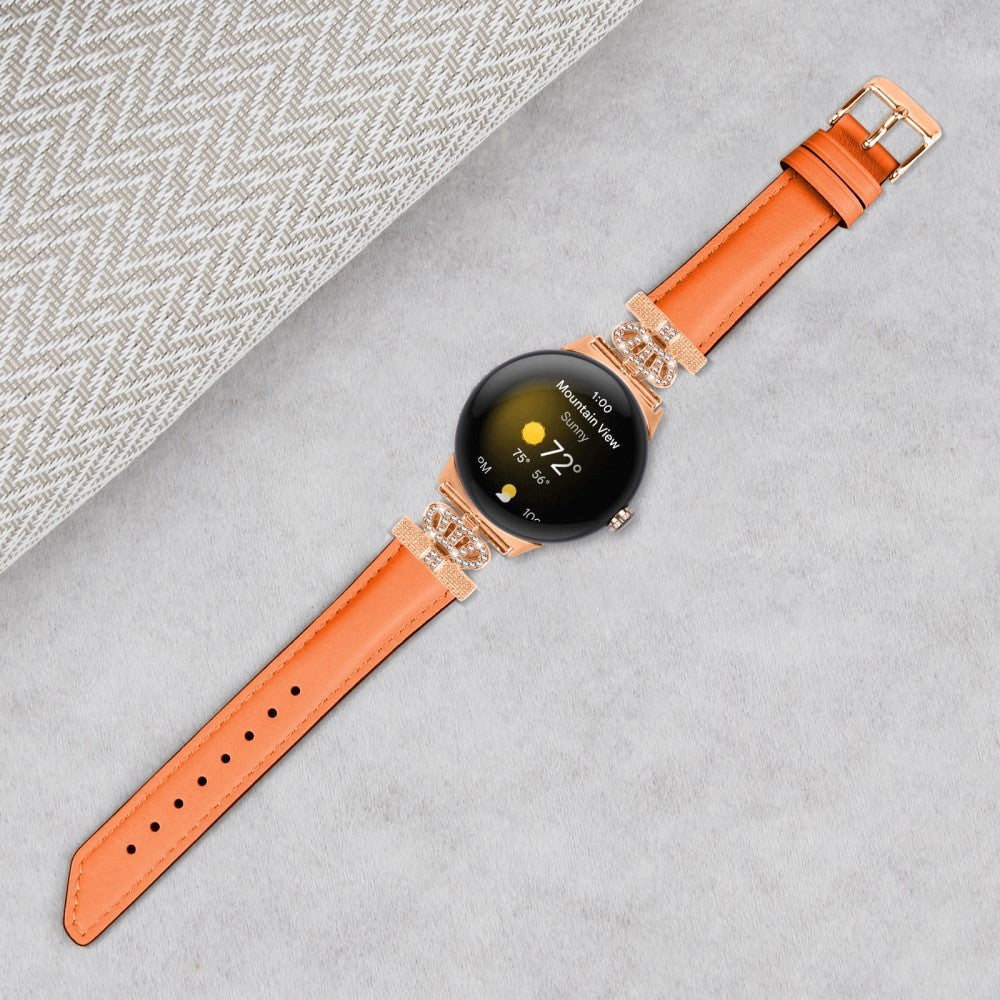 Google Pixel Watch 1 / 2 / 3 (41mm) Læder Rem m. Rose Gold Rhinsten Spænde - Orange