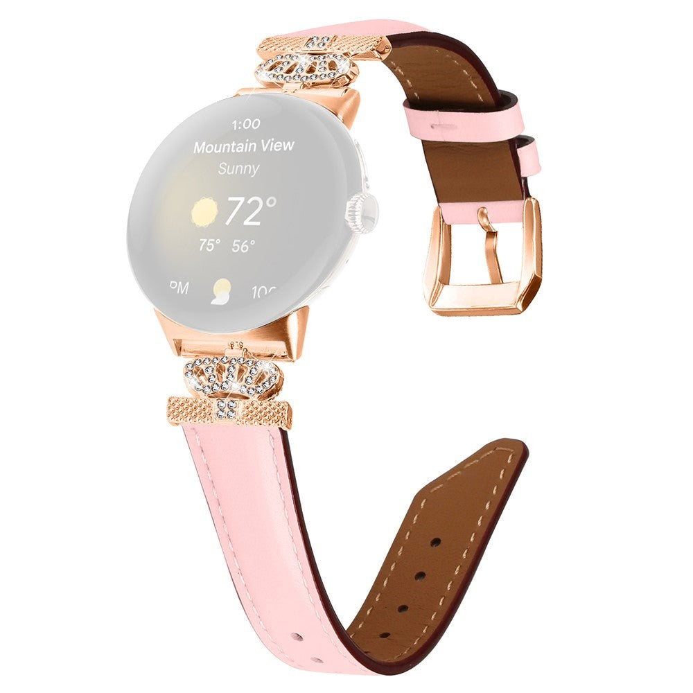 Google Pixel Watch 1 / 2 / 3 (41mm) Læder Rem m. Rose Gold Rhinsten Spænde - Lyserød