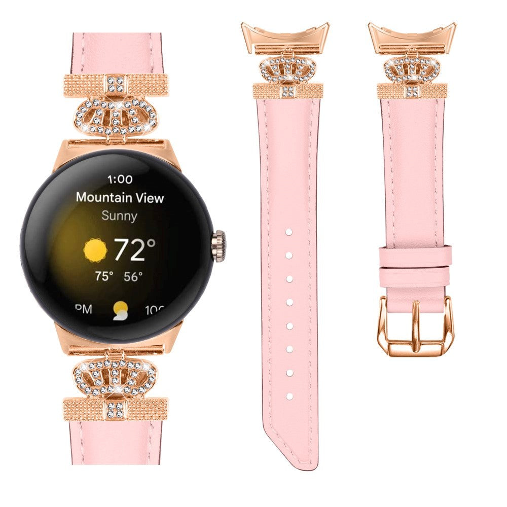 Google Pixel Watch 1 / 2 / 3 (41mm) Læder Rem m. Rose Gold Rhinsten Spænde - Lyserød