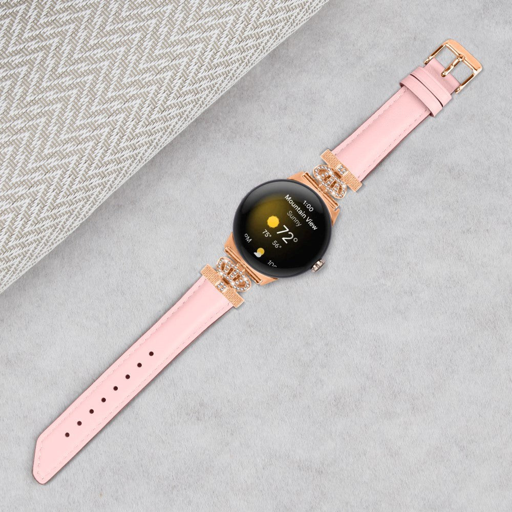 Google Pixel Watch 1 / 2 / 3 (41mm) Læder Rem m. Rose Gold Rhinsten Spænde - Lyserød