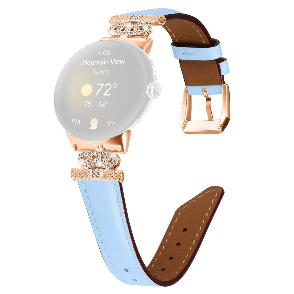 Google Pixel Watch 1 / 2 / 3 (41mm) Læder Rem m. Rose Gold Rhinsten Spænde - Blå