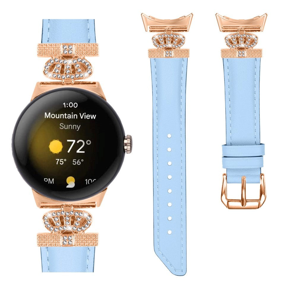 Google Pixel Watch 1 / 2 / 3 (41mm) Læder Rem m. Rose Gold Rhinsten Spænde - Blå