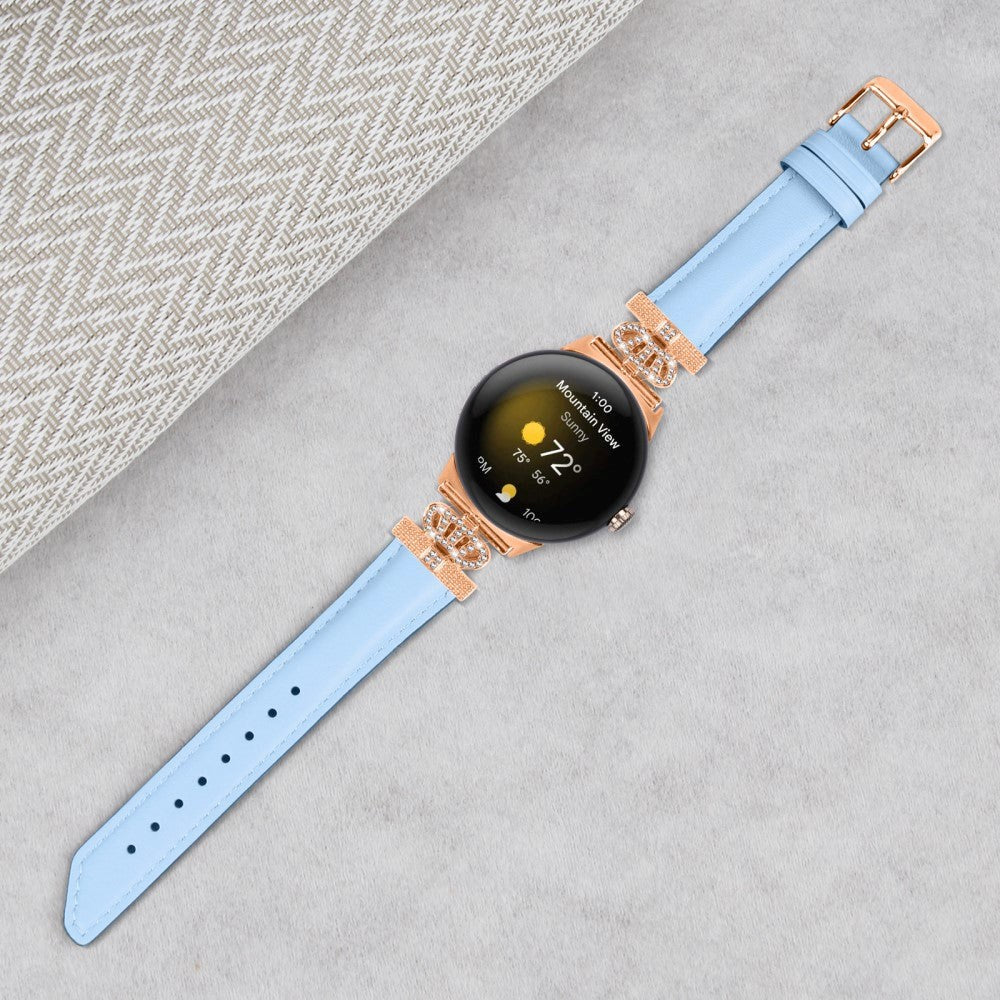 Google Pixel Watch 1 / 2 / 3 (41mm) Læder Rem m. Rose Gold Rhinsten Spænde - Blå