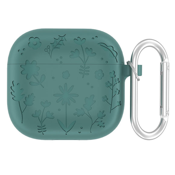 Apple AirPods (4. gen.) Silikone Cover m. Karabinhage og Blomsterdesign - Mørkegrøn