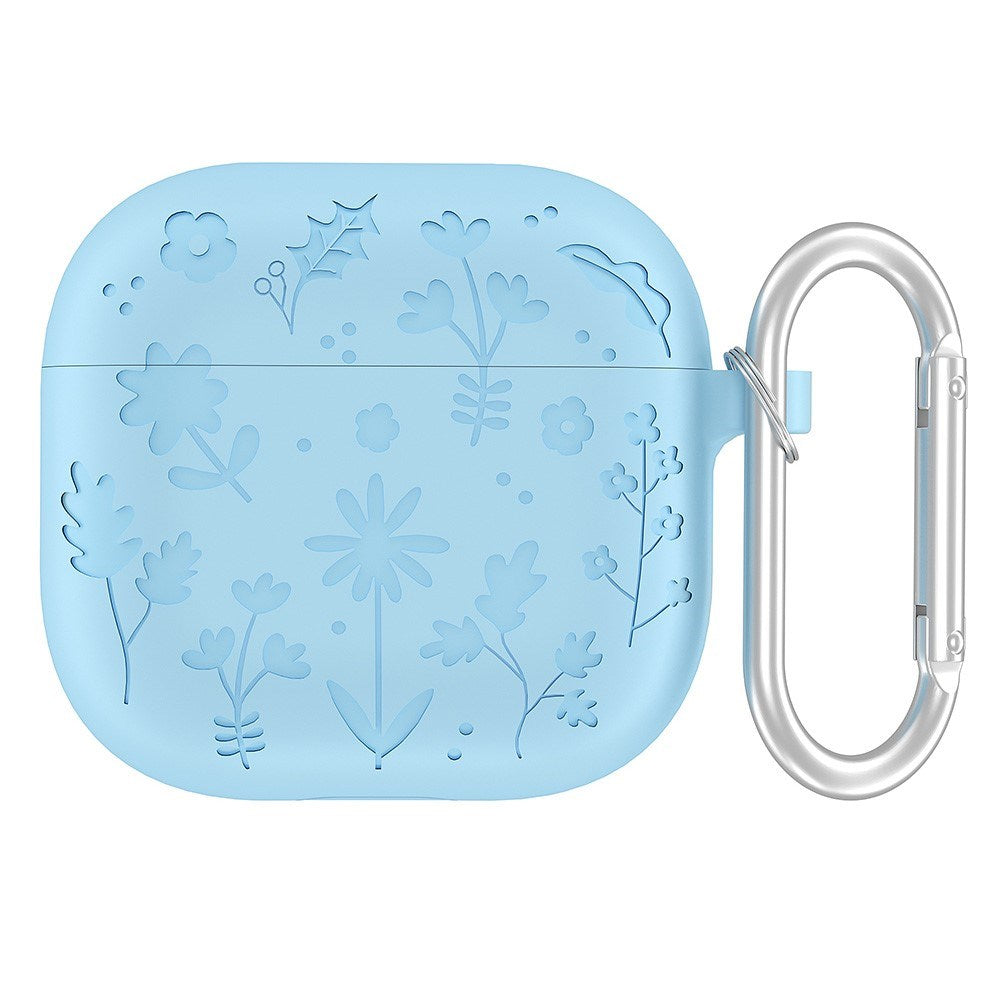 Apple AirPods (4. gen.) Silikone Cover m. Karabinhage og Blomsterdesign - Blå