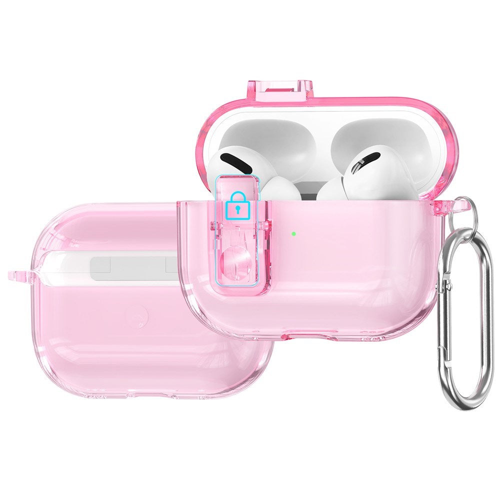 Apple AirPods Pro (3. gen.) Hybrid Plastik Cover m. Karabinhage - Gennemsigtig Glitter / Lyserød