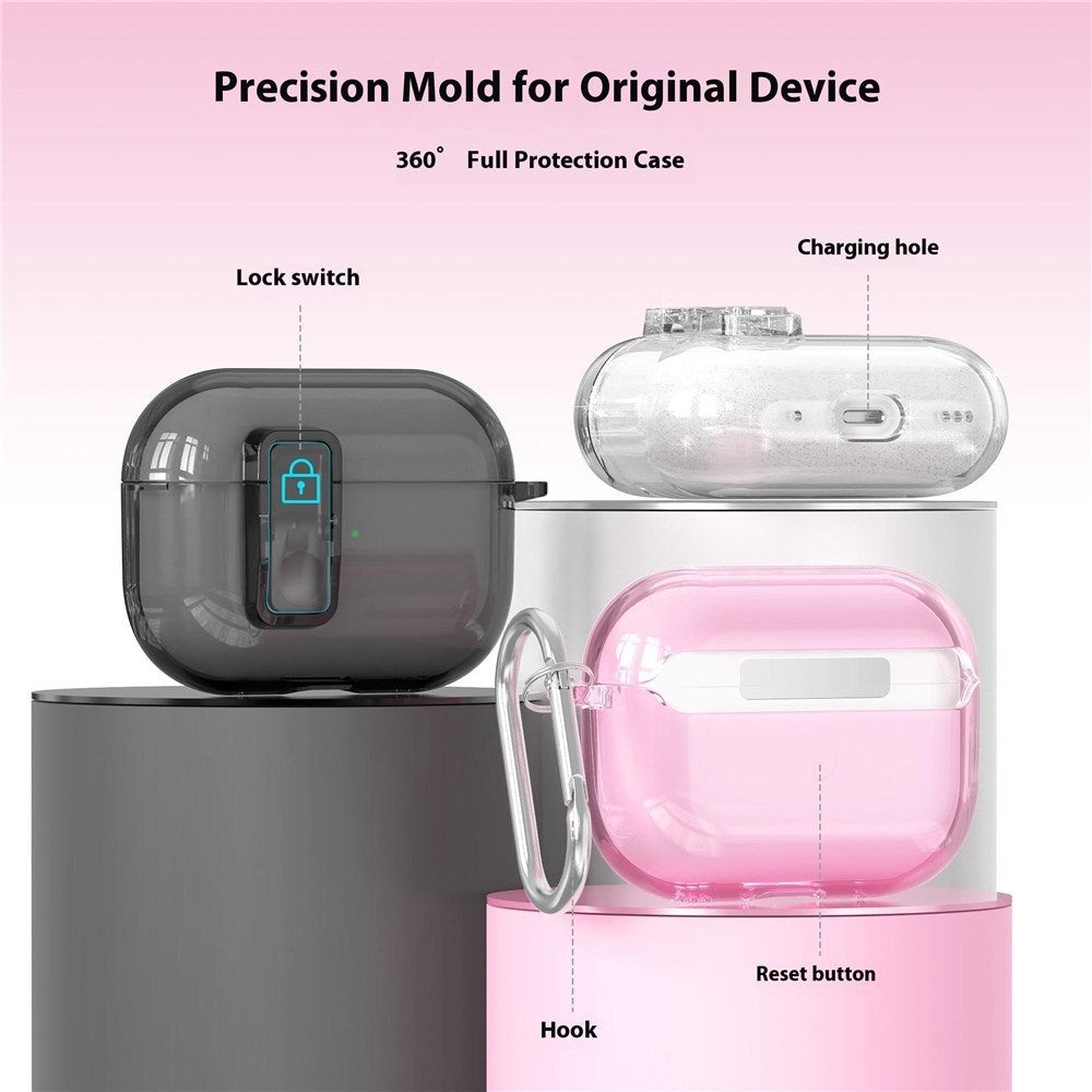 Apple AirPods Pro (3. gen.) Hybrid Plastik Cover m. Karabinhage - Gennemsigtig Glitter