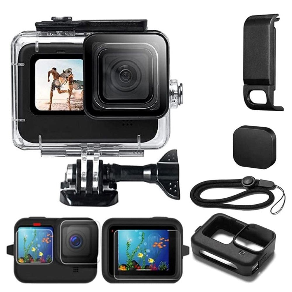 Vandtæt Case GoPro Hero 9 / 10 / 11 m. Silikone Cover / Beskyttelsesglas / Batteri Cover - Gennemsigtig
