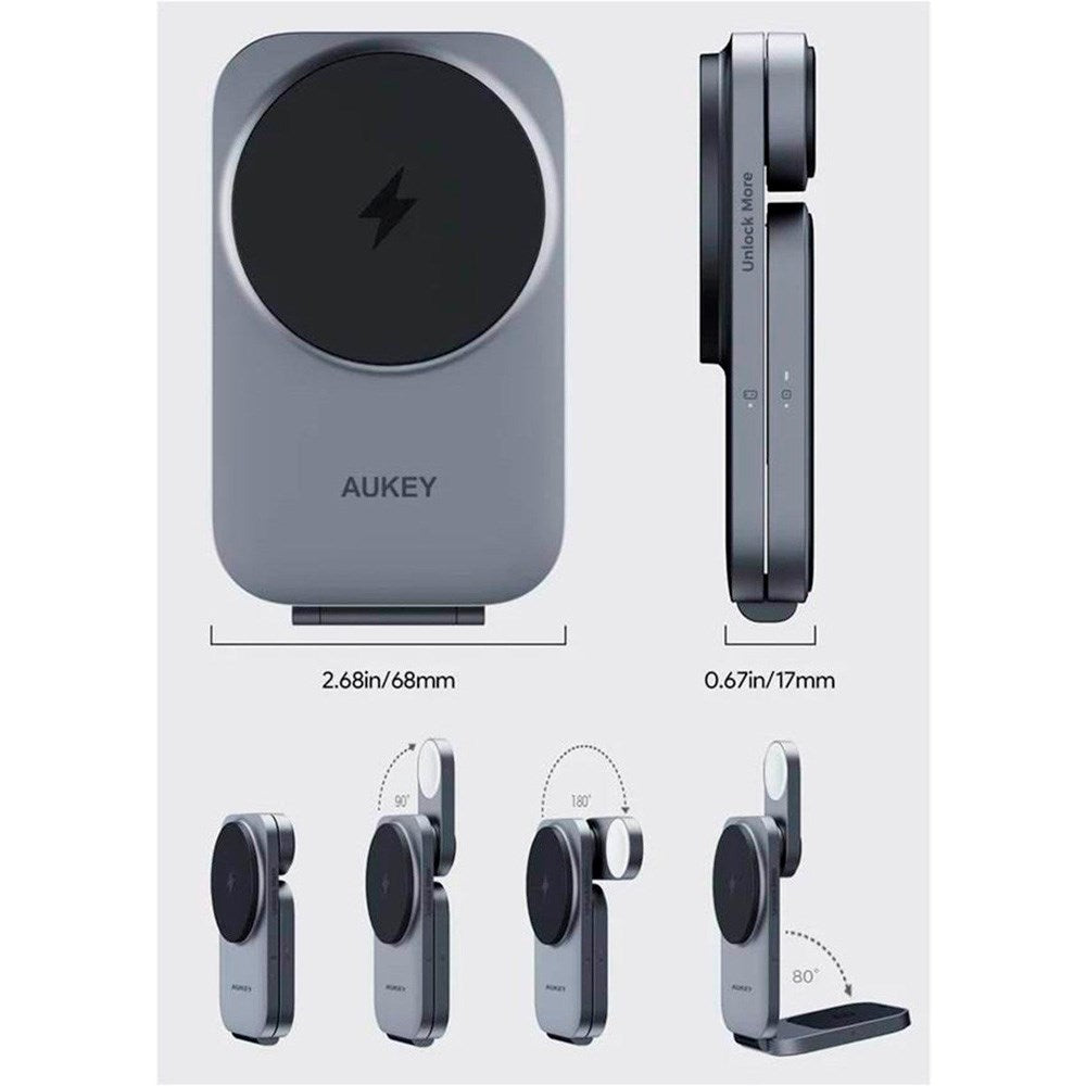 Aukey MagFusion 3-i-1 Magnetisk Foldbar Trådløs Oplader - MagSafe Kompatibel - Grå