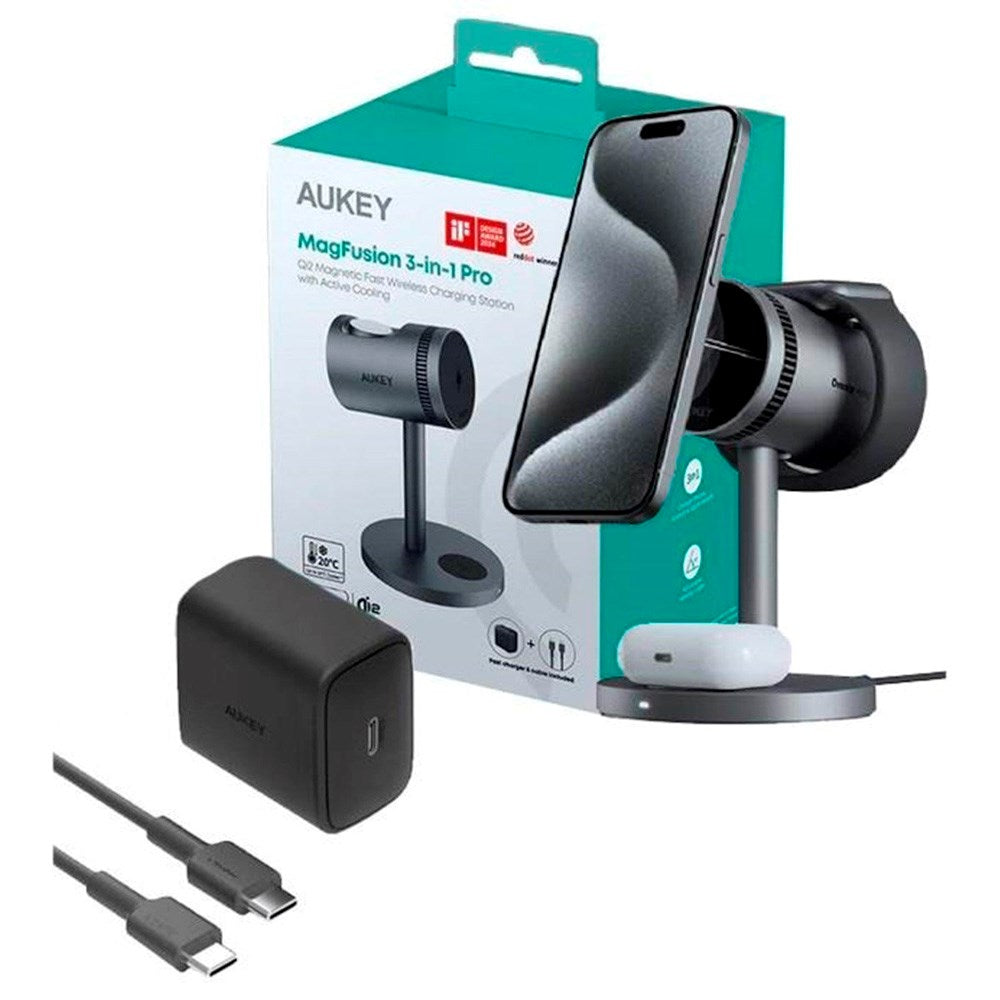 Aukey MagFusion 3-i-1 Pro Qi2 Trådløs Oplader - MagSafe Kompatibel - Grå