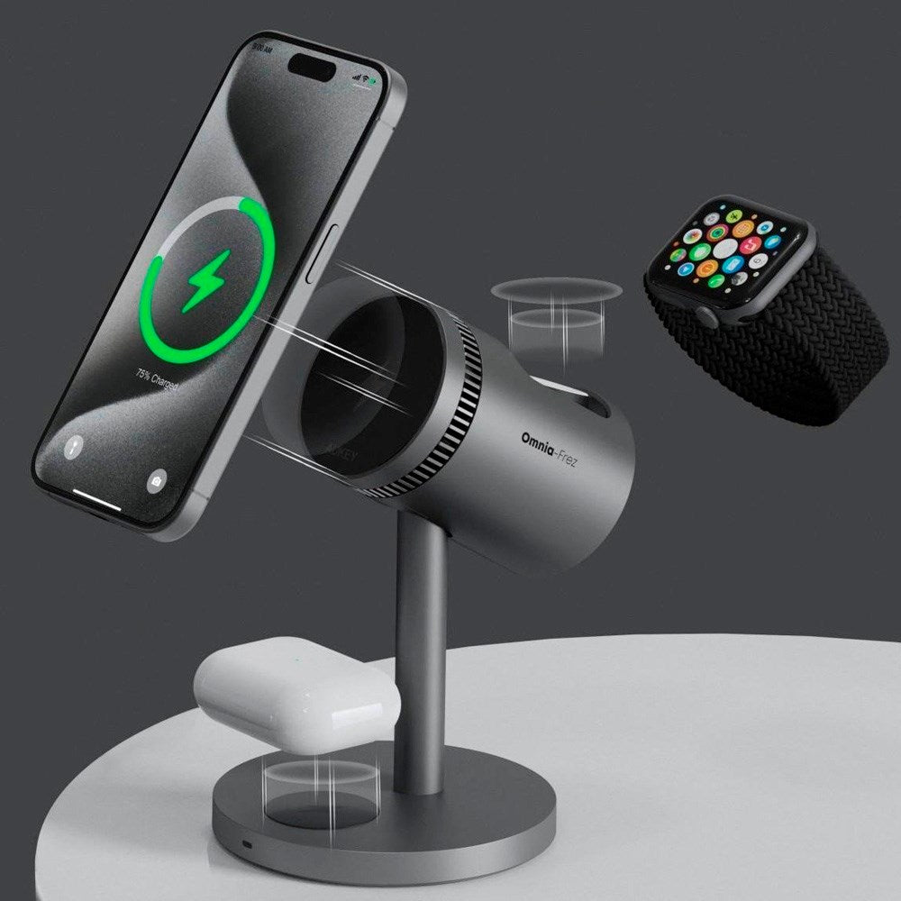 Aukey MagFusion 3-i-1 Pro Qi2 Trådløs Oplader - MagSafe Kompatibel - Grå