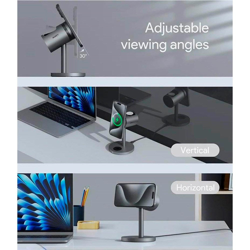 Aukey MagFusion 3-i-1 Pro Qi2 Trådløs Oplader - MagSafe Kompatibel - Grå