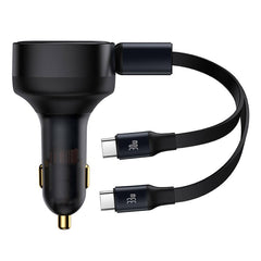 Baseus 33W Biloplader m. Udtrækkelig Ledning m. 2 x USB-C Kabel - Sort