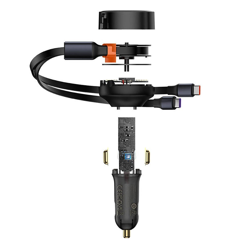 Baseus 33W Biloplader m. Udtrækkelig Ledning m. 2 x USB-C Kabel - Sort