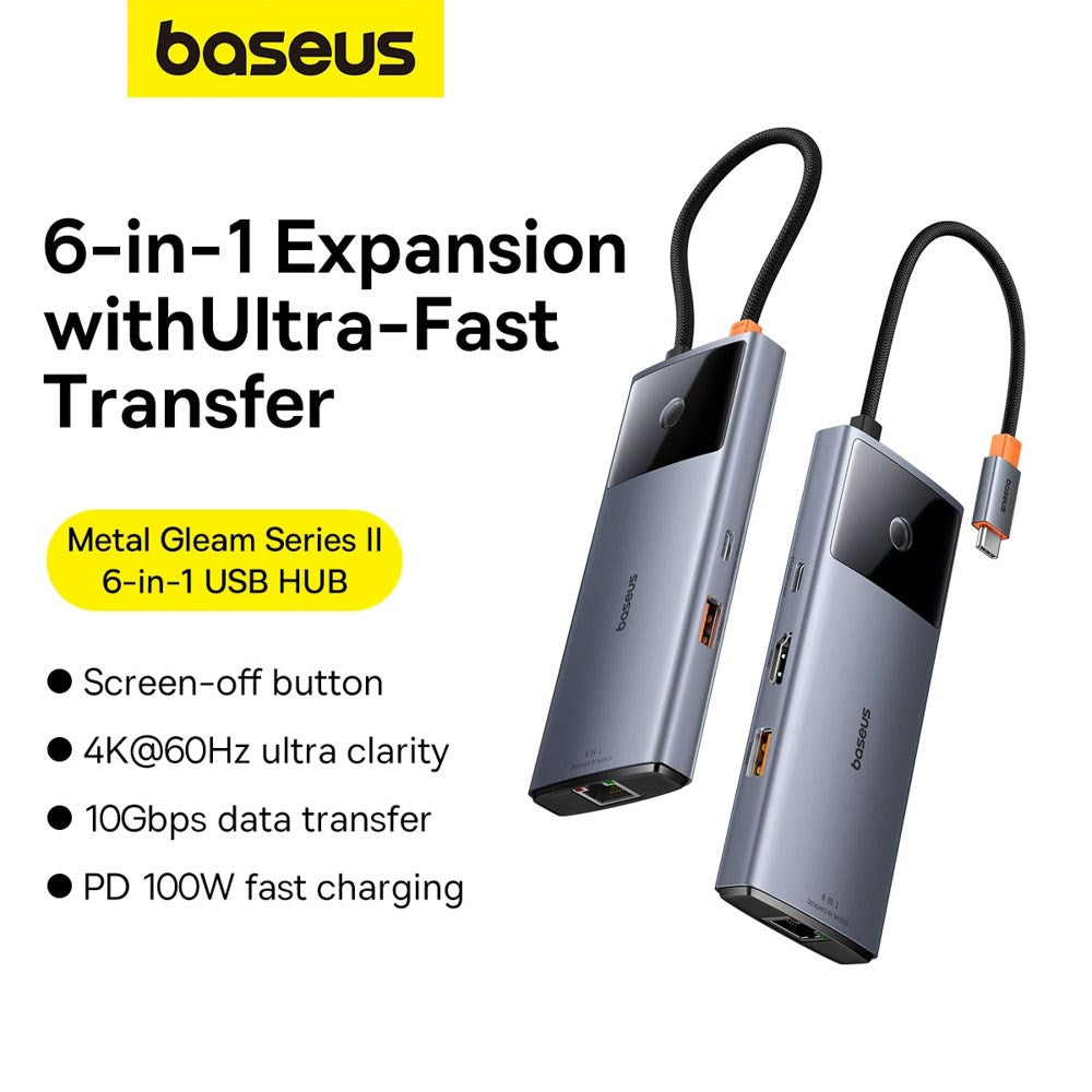 Baseus USB-C 6-i-1 Multiport Adapter m. 2 x USB-C 2 x USB-A 1 x HDMI 1 x RJ45 - Grå