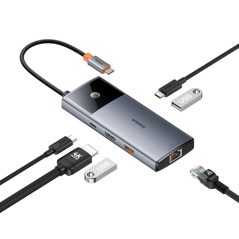 Baseus USB-C 6-i-1 Multiport Adapter m. 2 x USB-C 2 x USB-A 1 x HDMI 1 x RJ45 - Grå