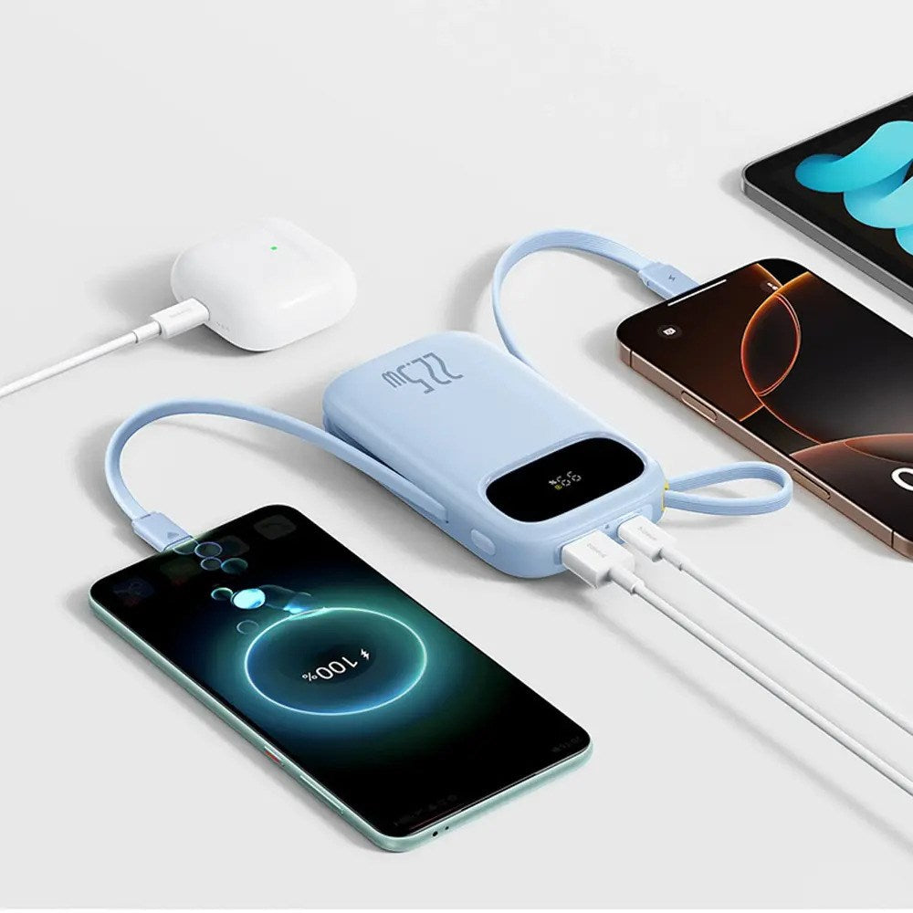 Baseus EnerFill 20.000mAh Powerbank 22.5W m. Indbygget USB-C & Lightning Kabel - Blå