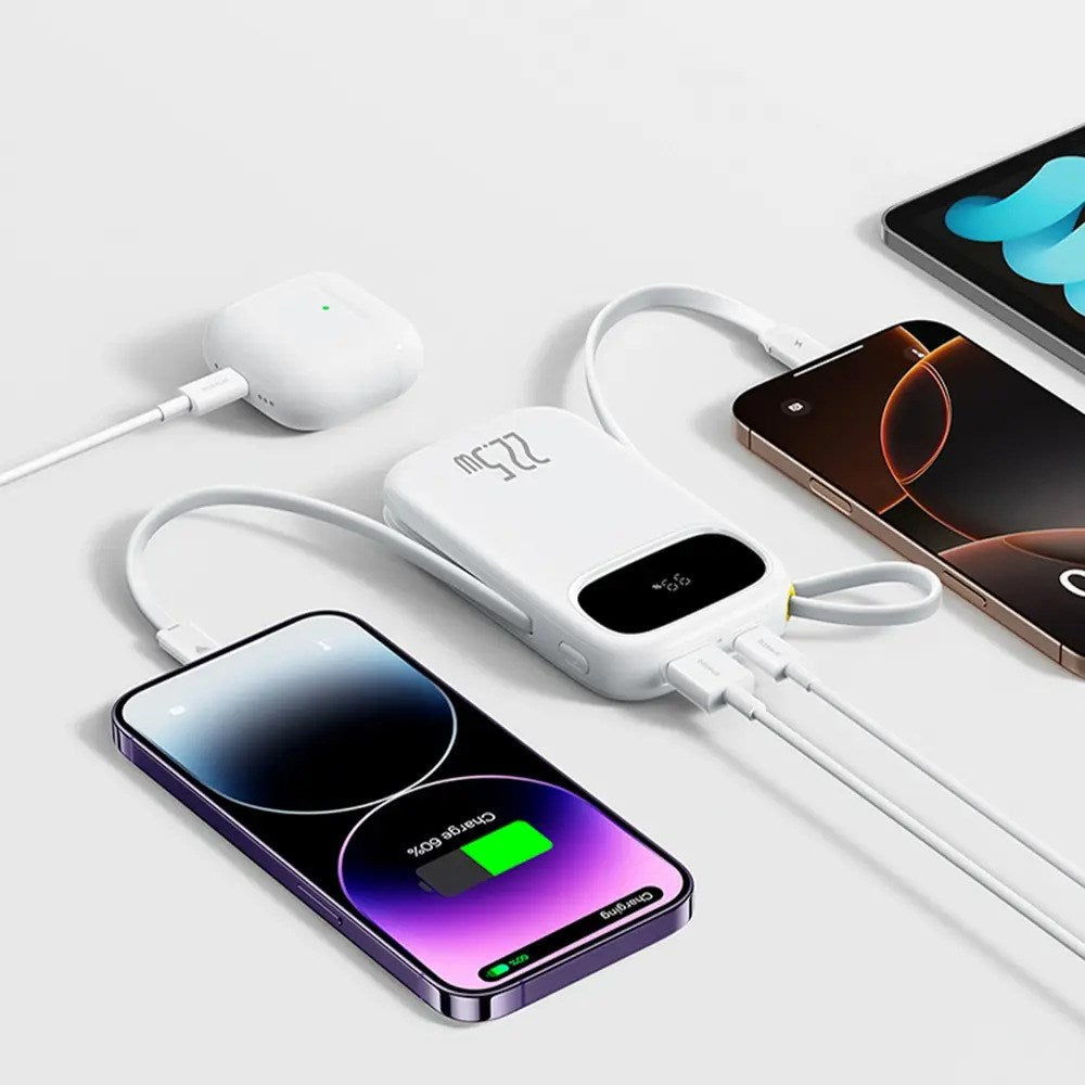 Baseus EnerFill 10.000mAh Powerbank 22.5W m. Indbygget USB-C & Lightning Kabel - Hvid