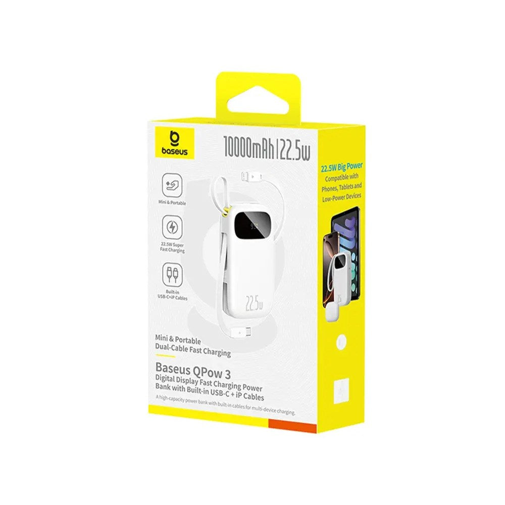Baseus EnerFill 10.000mAh Powerbank 22.5W m. Indbygget USB-C & Lightning Kabel - Hvid