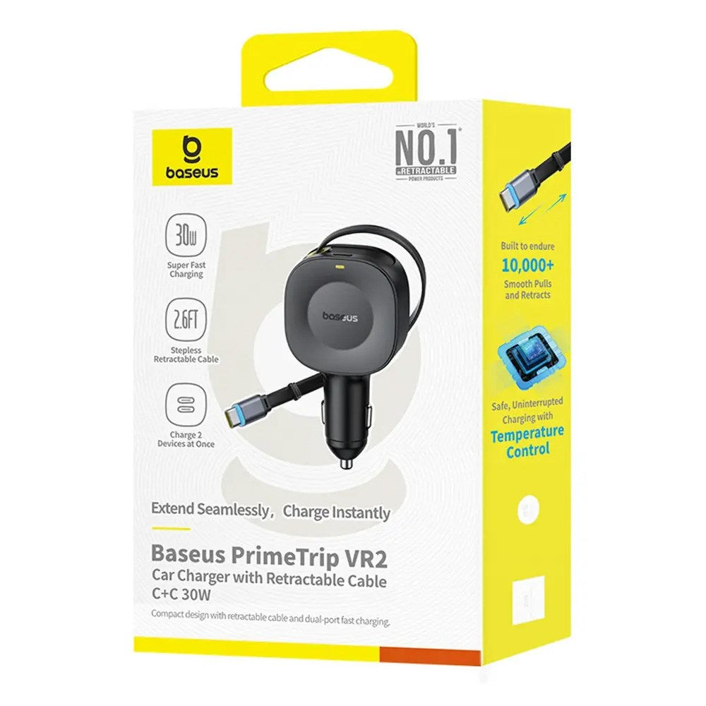 Baseus PrimeTrip VR2 30W Biloplader m. Indbygget USB-C Kabel & USB-C Stik - Sort
