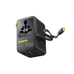 Baseus EnerCore 70W 6-i-1 Rejseadapter m. Udtrækkeligt USB-C Kabel - Sort