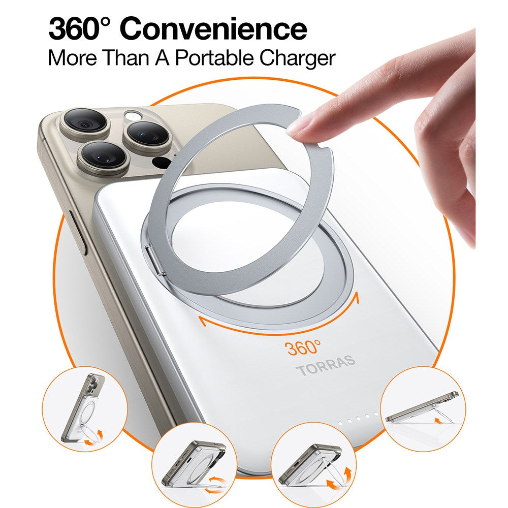 TORRAS Magnetisk 15W Power Bank 5.000mAh m. Kickstand - Hvid