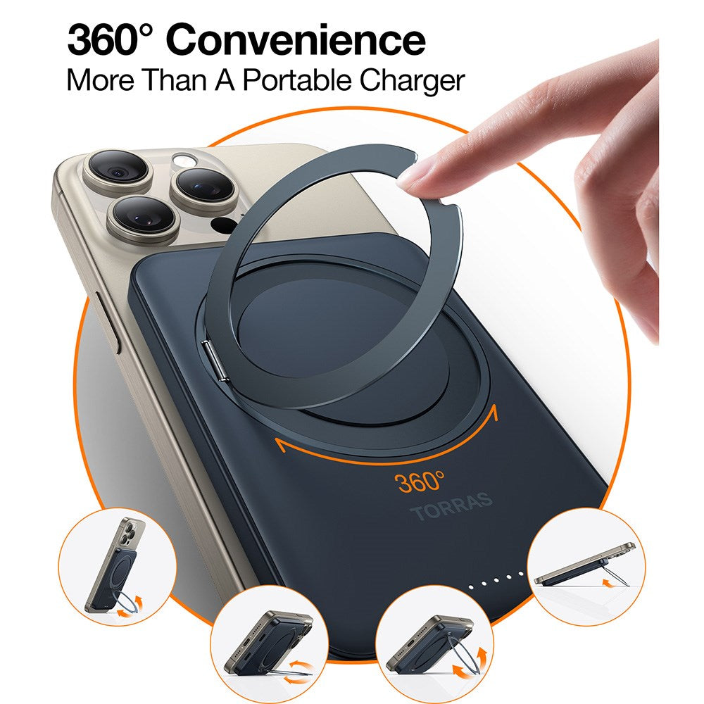TORRAS Magnetisk 15W Power Bank 5.000mAh m. Kickstand - Sort