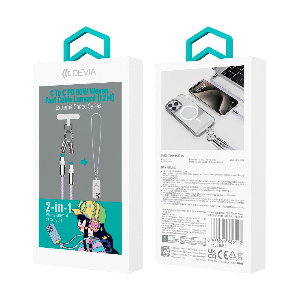 Devia 2-i-1 Mobilstrop & USB-C til USB-C Kabel - Lilla