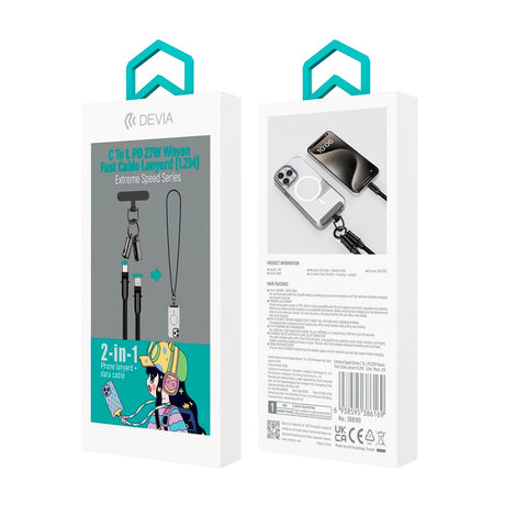 Devia 2-i-1 Mobilstrop & USB-C til Lightning Kabel - Sort