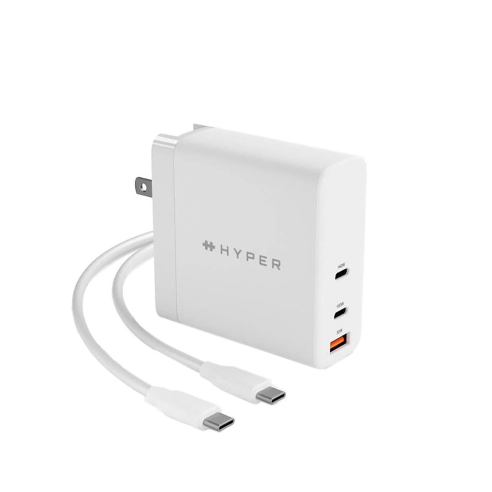 Hyper GaN 140W Vægoplader m. 2 x USB-C, 1 x USB-A & Rejseadaptere - Hvid