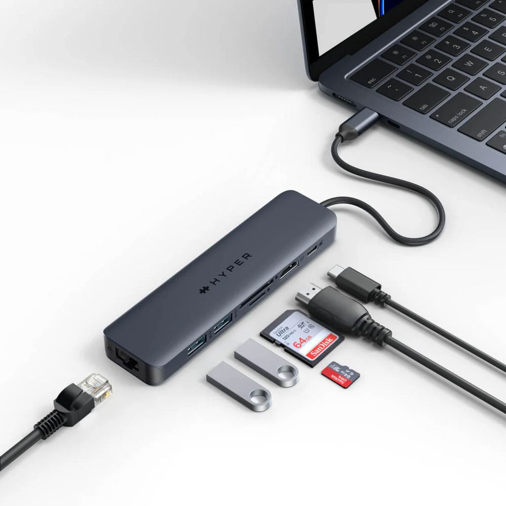Hyper HyperDrive Ecosmart 7-i-1 USB-C Hub m. USB-A / USB-C / HDMI / Ethernet / SD- & MicroSD-Kort - Grå