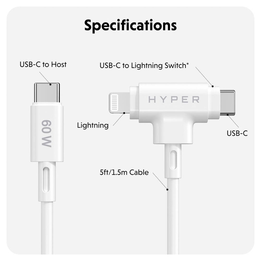 Hyper HyperJuice 60W 2-i-1 Hybrid Silikone USB-C til USB-C & Lightning Kabel - 1.5m - Hvid