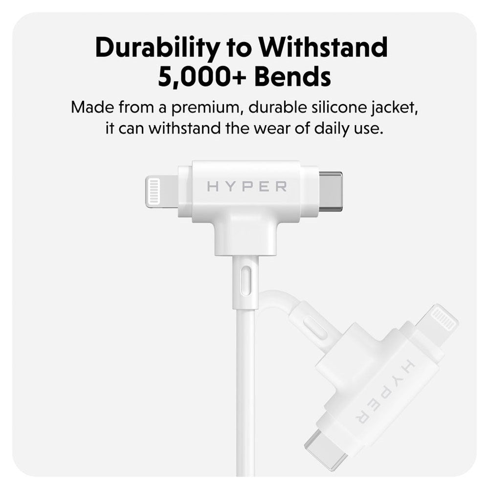 Hyper HyperJuice 60W 2-i-1 Hybrid Silikone USB-C til USB-C & Lightning Kabel - 1.5m - Hvid