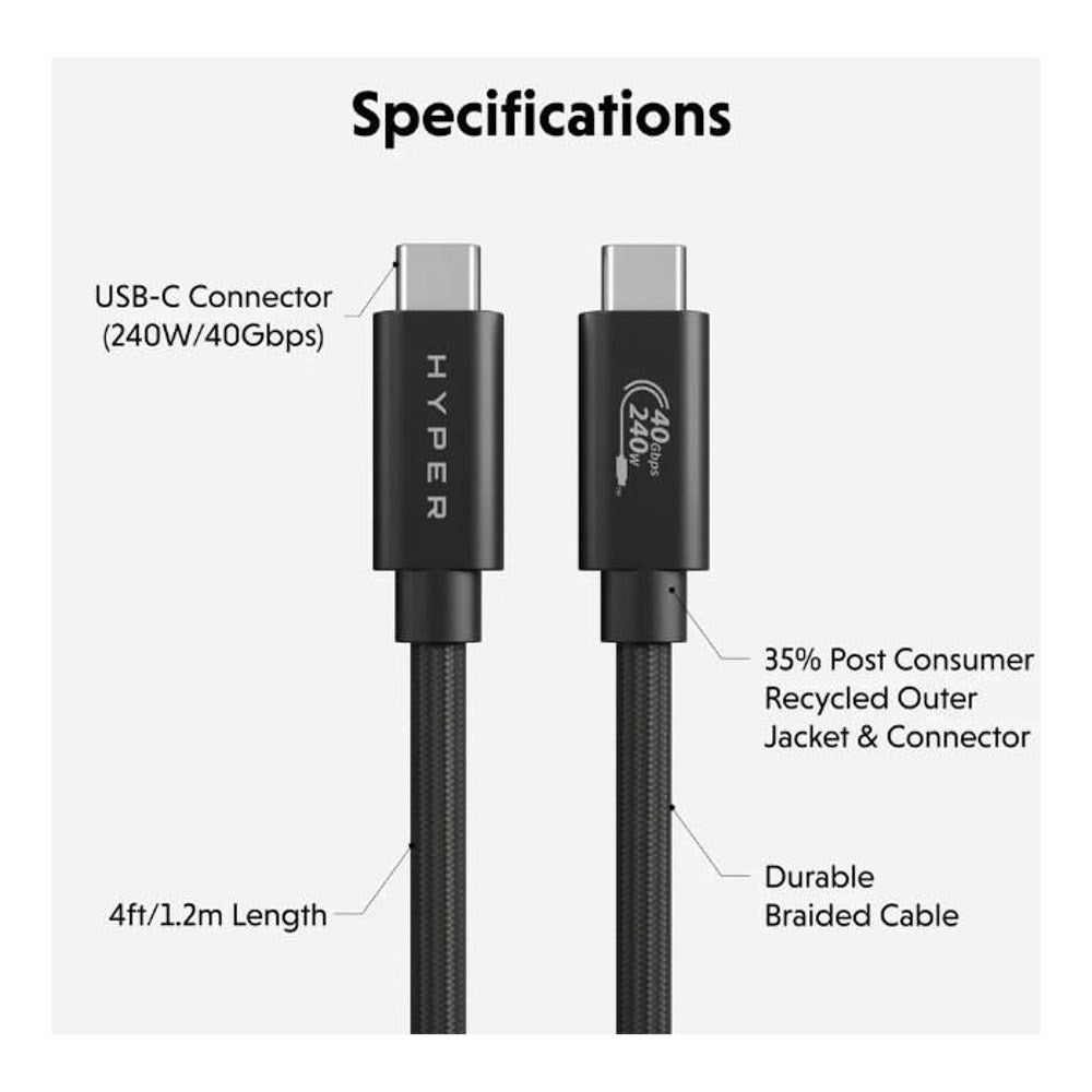 Hyper HyperDrive 240W USB-C til USB-C Kabel - 1.2m - Sort