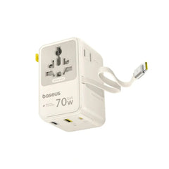 Baseus EnerCore 70W 6-i-1 Rejseadapter m. Udtrækkeligt USB-C Kabel - Hvid