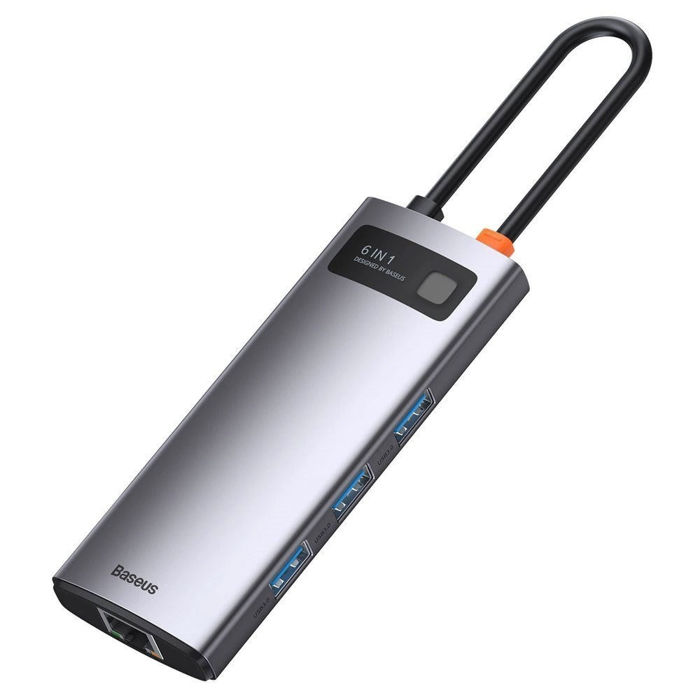 Baseus 6-i-1 USB-C Multiport Adapter m. 3 x USB-A 1 x USB-C 1 x HDMI 1 x RJ45 - Grå