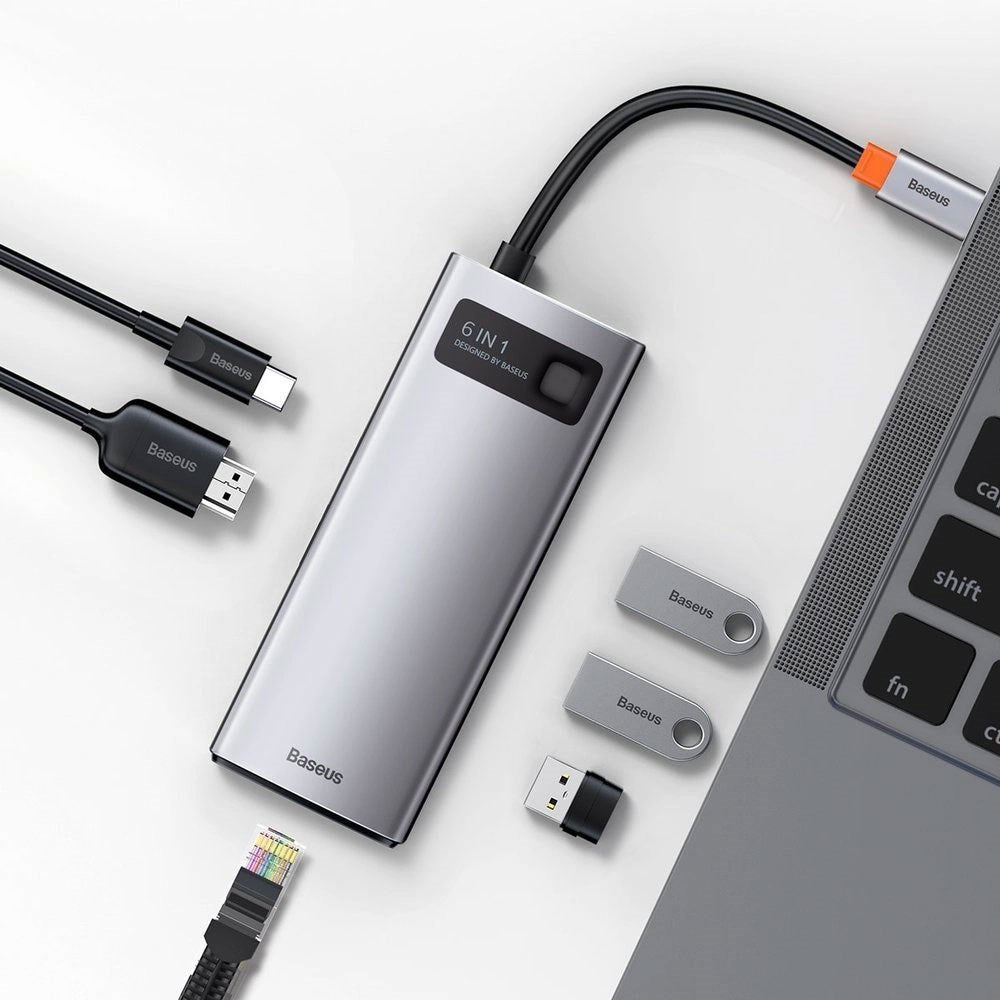 Baseus 6-i-1 USB-C Multiport Adapter m. 3 x USB-A 1 x USB-C 1 x HDMI 1 x RJ45 - Grå