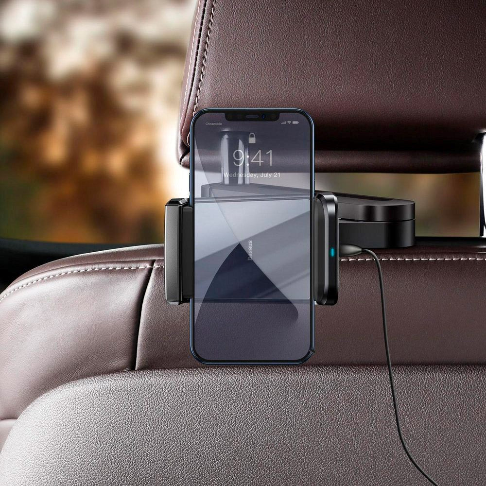 Baseus Mobilholder til Bilens Nakkestøtte m. 15W Trådløs Opladning - Mobil: 65 - 90mm - Sort