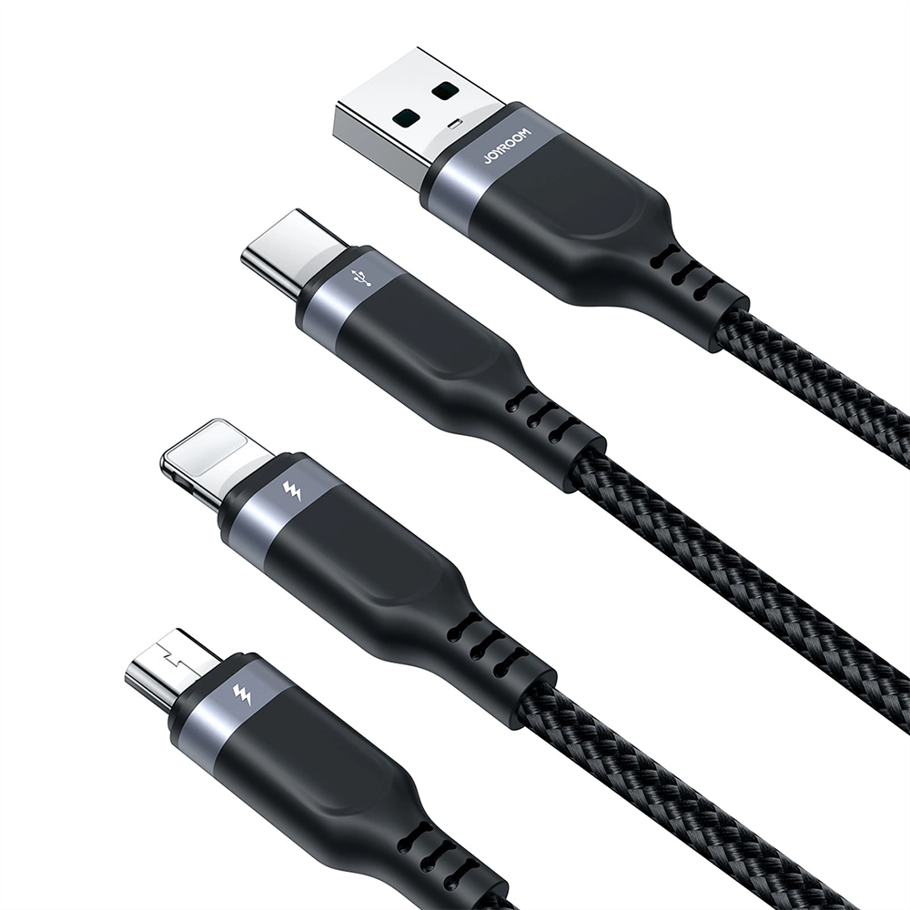 Joyroom Multi-Use 3-i-1 USB-C / Lightning / Micro USB Nylon Kabel - 30cm - Sort