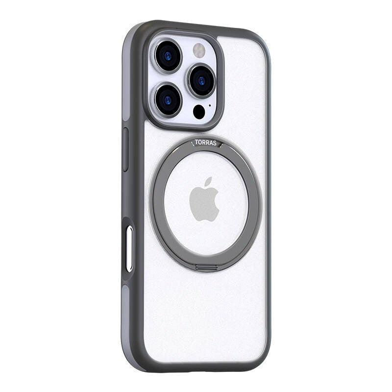 TORRAS iPhone 16 Pro Hybrid Plastik Cover m. Roterbar Kickstand Ring - MagSafe Kompatibel - Gennemsigtig / Grå