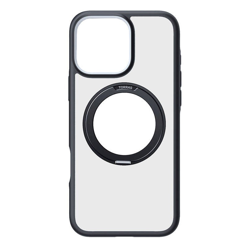 TORRAS iPhone 16 Pro Hybrid Plastik Cover m. Roterbar Kickstand Ring - MagSafe Kompatibel - Gennemsigtig / Sort