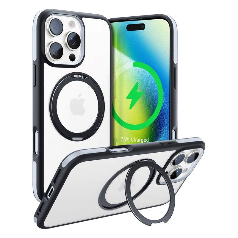 TORRAS iPhone 16 Pro Hybrid Plastik Cover m. Roterbar Kickstand Ring - MagSafe Kompatibel - Gennemsigtig / Sort