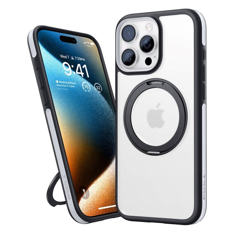 TORRAS iPhone 16 Pro Hybrid Plastik Cover m. Roterbar Kickstand Ring - MagSafe Kompatibel - Gennemsigtig / Sort