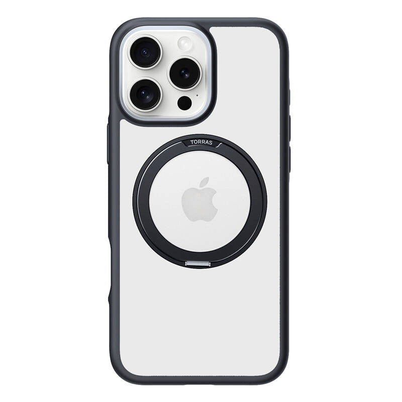 TORRAS iPhone 16 Pro Hybrid Plastik Cover m. Roterbar Kickstand Ring - MagSafe Kompatibel - Gennemsigtig / Sort