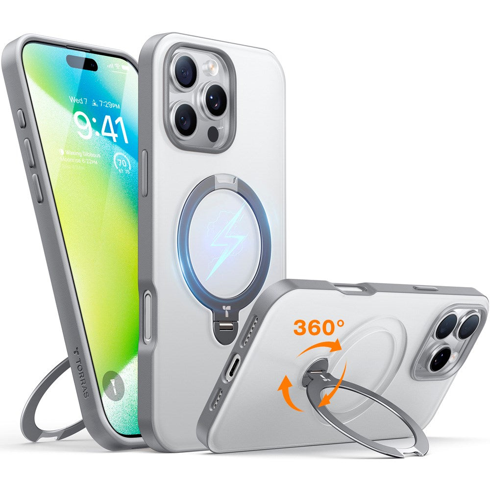 TORRAS iPhone 16 Pro Hybrid Plastik Cover m. Ståfunktion - MagSafe Kompatibel - Grå
