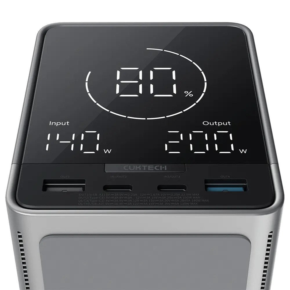 CUKTECH 300W PowerBank m. Trådløs Opladning - 2x USB-C & 2x USB-A - 40.000 mAh - Sort